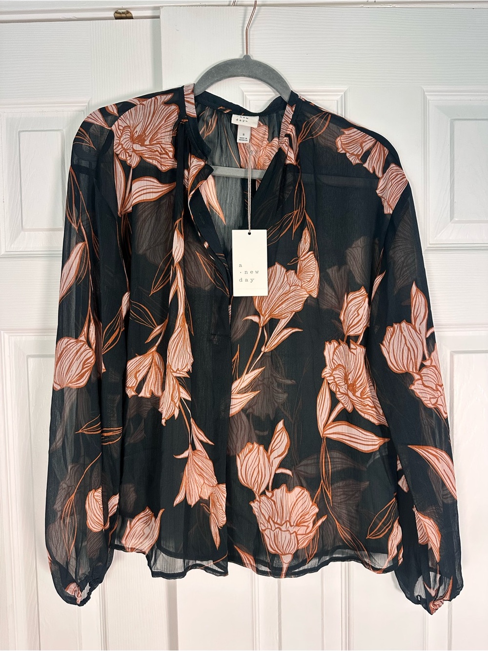 a new day Black Sheer Blouse with Peach Floral Pattern